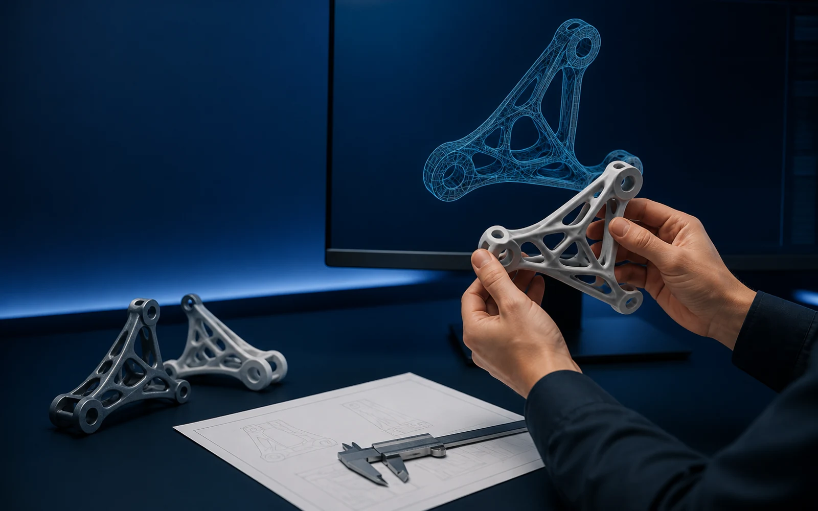 CAD 형상과 실제 시제품을 비교하며 3D 프린팅 적용 조건을 검토하는 모습