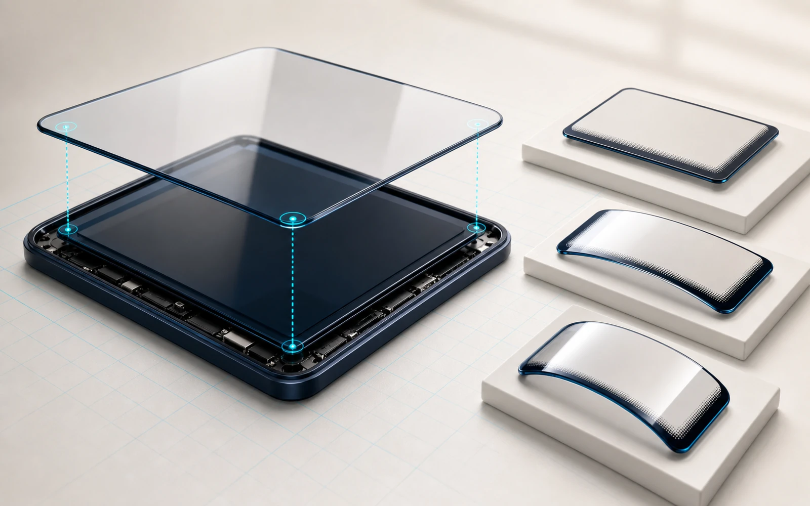 Three Cover Glass forms aligning above a Display Stack