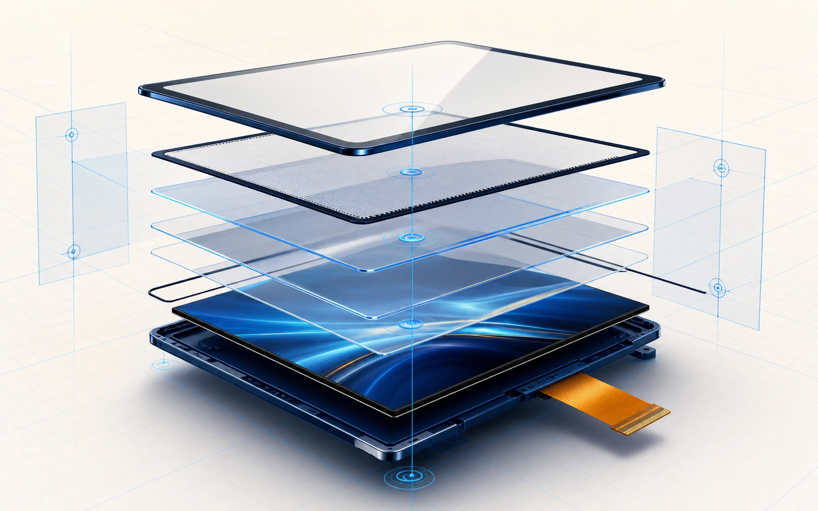 Cover Glass, Touch Sensor, optical layers and Display arranged along alignment axes