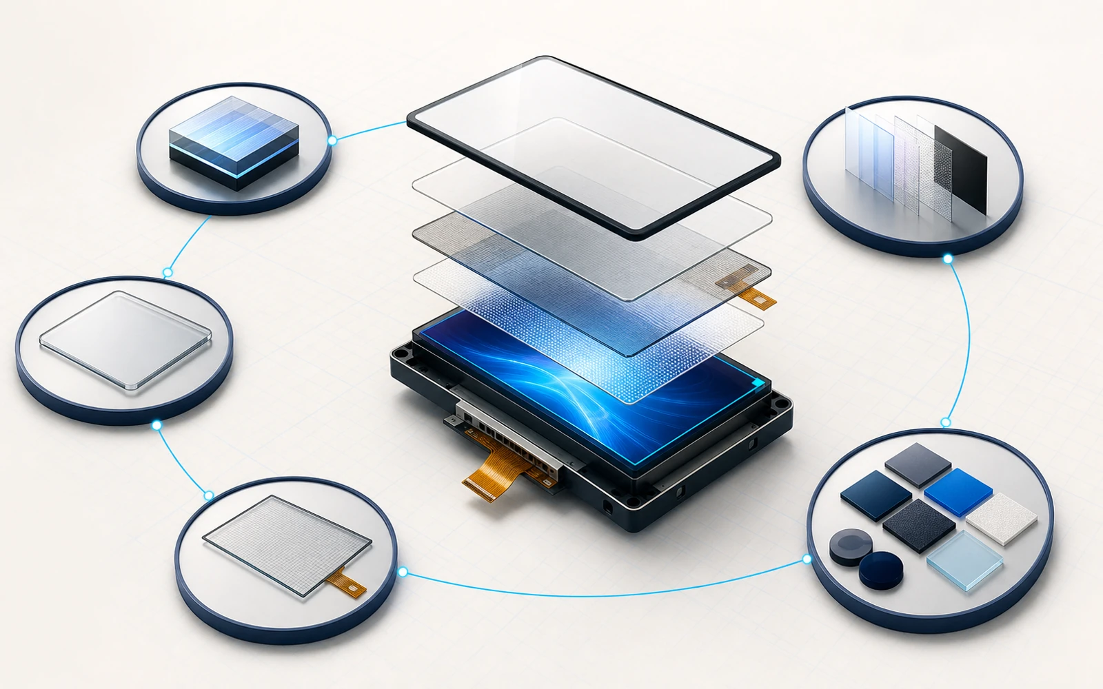 Display, Cover Glass, and Touch Panel layers arranged as an aligned stack
