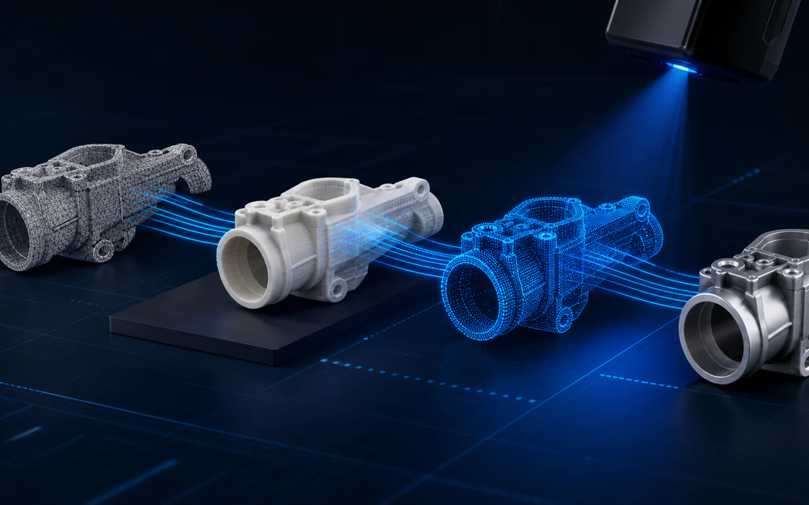 CAD 메시, 3D 출력물과 스캔 포인트 클라우드가 연결되는 개념 이미지