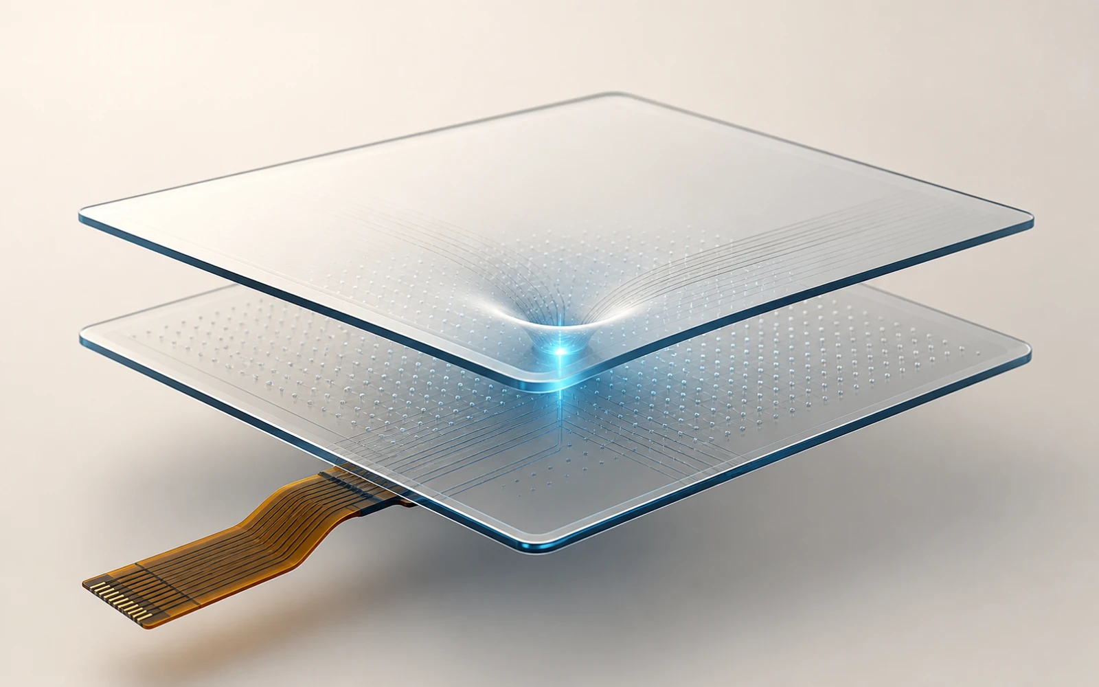 압력 지점에서 두 투명 레이어가 맞닿는 Resistive 터치 구조 이미지